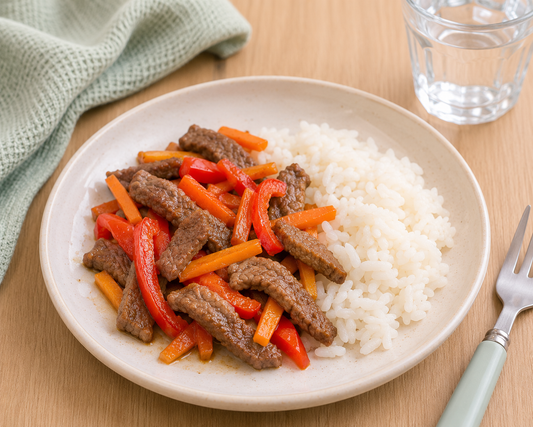 Rinder-Gemüse-Pfanne mit Reis